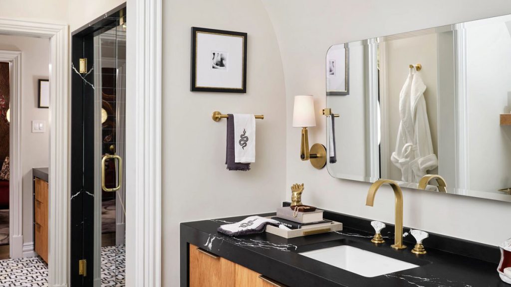 modern bathroom with cambria quartz counters