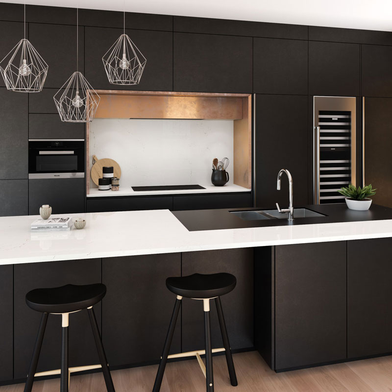 Black and white kitchen with cambria quartz