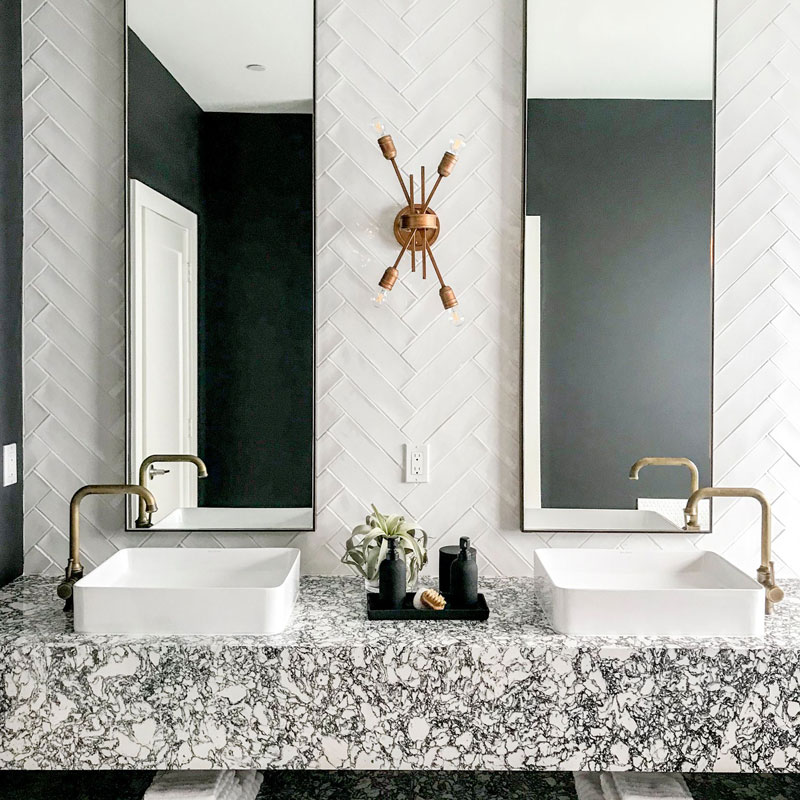 unique bathroom with cambria quartz counters