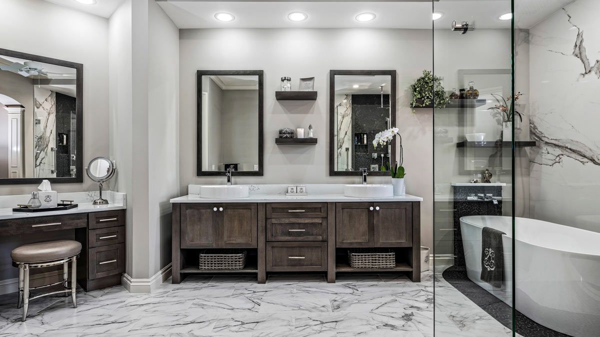 large bathroom with showplace cabinetry