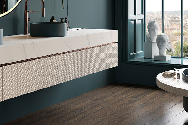 Modern bathroom with Viatera counters